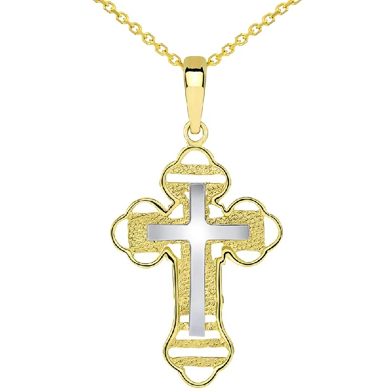 14k Two Tone Gold Outlined Orthodox Double Cross Pendant Necklace