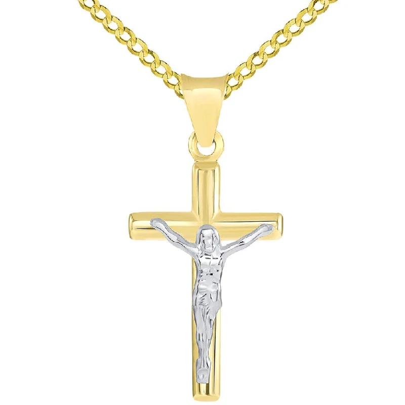 14k Two Tone Gold Small Latin Cross Crucifix Pendant Cuban Necklace