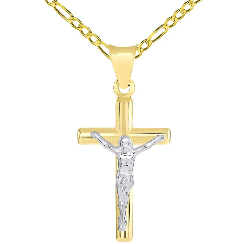 14k Two Tone Gold Small Latin Cross Crucifix Pendant Figaro Necklace