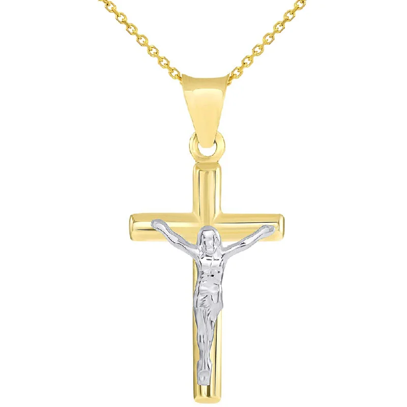 14k Two Tone Gold Small Latin Cross Crucifix Pendant Necklace