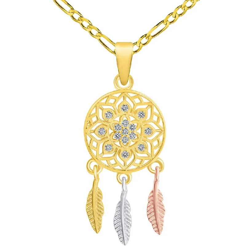 14k Yellow Gold  Native American Tri-Tone Dreamcatcher Pendant with Figaro Chain Necklace