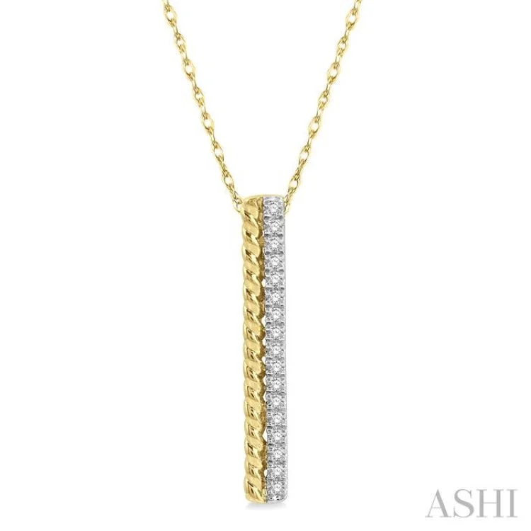 1/6 ctw Rope Bead & Round Cut Diamond Bar Pendant With Chain in 14K Yellow Gold