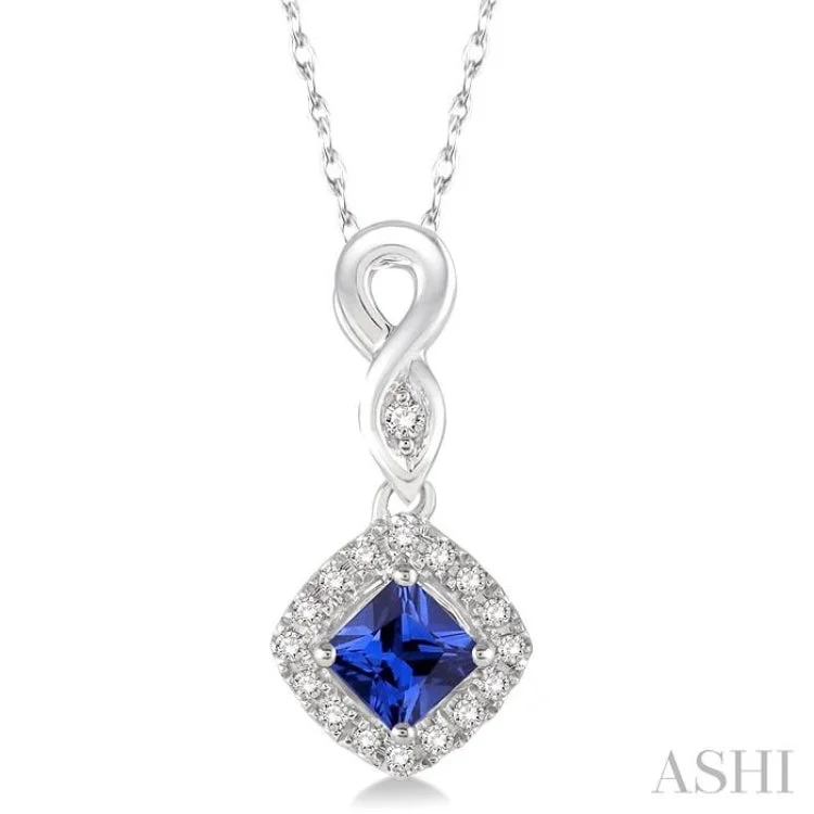 4x4 MM Cushion Cut Sapphire and 1/10 Ctw Round Cut Diamond Pendant in 14K White Gold with Chain