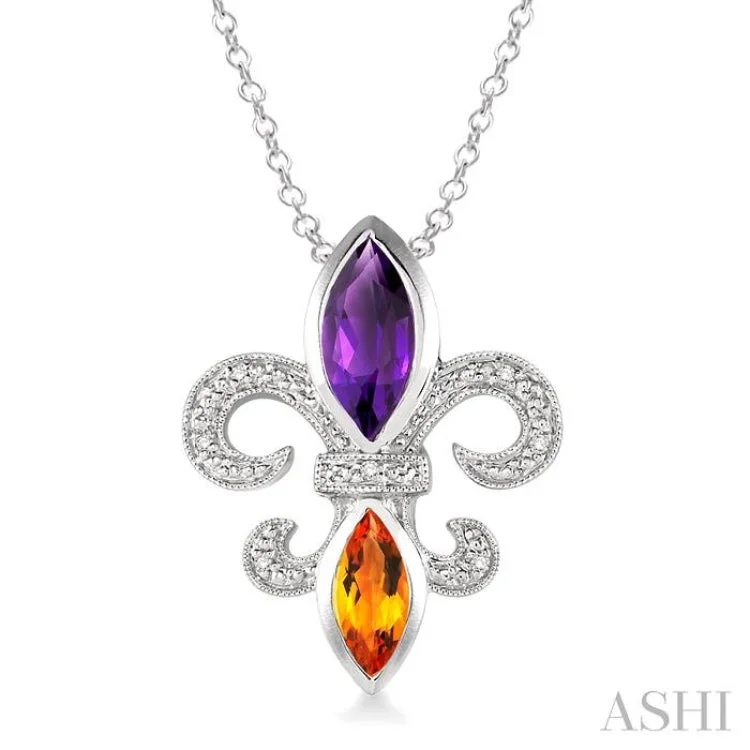 10x5 & 8x4 mm marquise cut Amethyst and citrine and 1/50 Ctw Single Cut Diamond Pendant in Sterling Silver with Chain