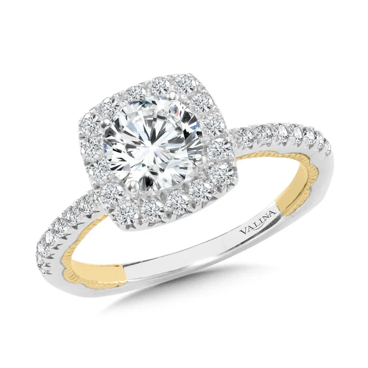 Two-Tone & Milgrain-Beaded Cushion-Shaped Diamond Halo Engagement Ring