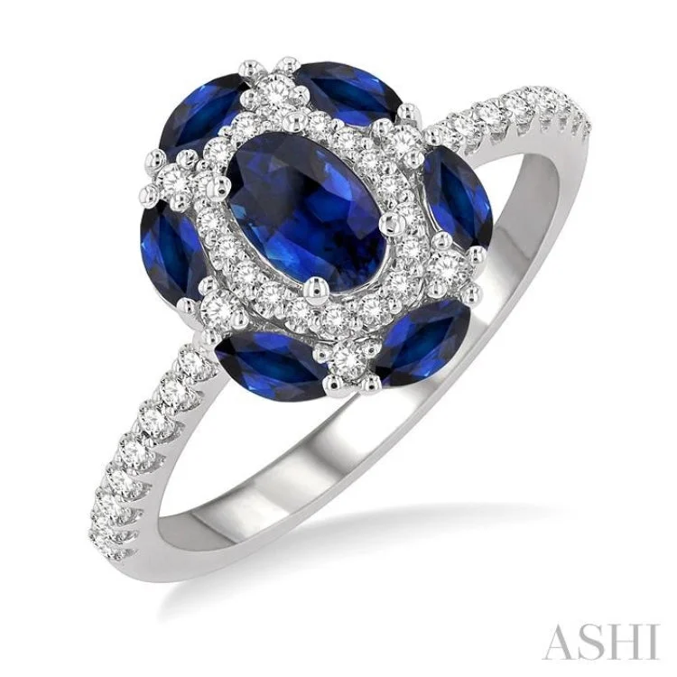 1/3 Ctw Oval 6x4MM & Marquise 4X2MM Sapphire and Round Cut Diamond Precious Ring in 14K White Gold