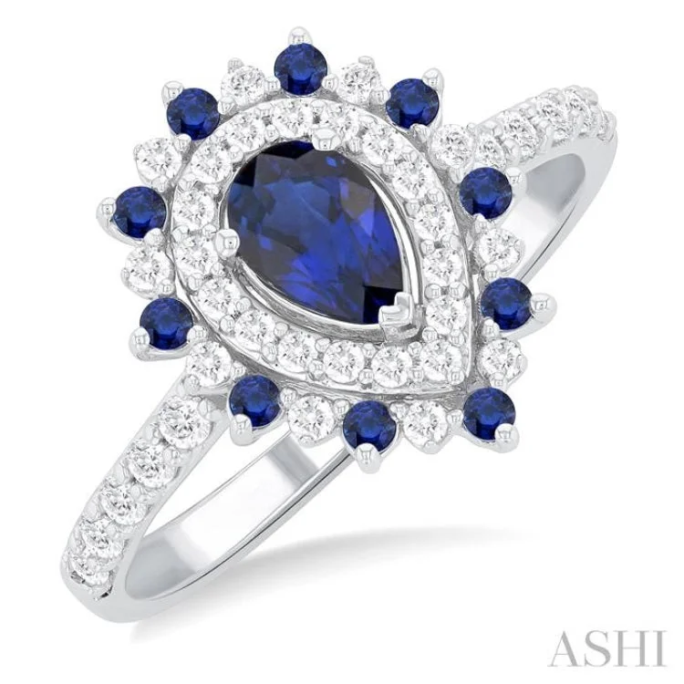 3/8 ctw Floral 6X4MM Pear & 1.5MM Round Cut Sapphire and Round Cut Diamond Precious Ring in 14K White Gold