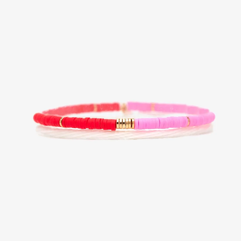 Pink and Red Vinyl Disc Bead Stretch Bracelet Set